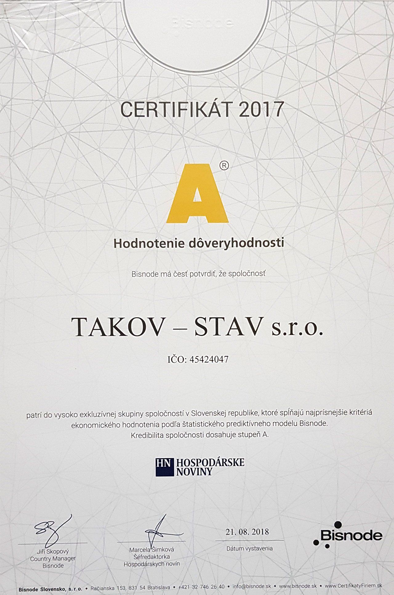 Certifikát dôveryhodnosti 2017
