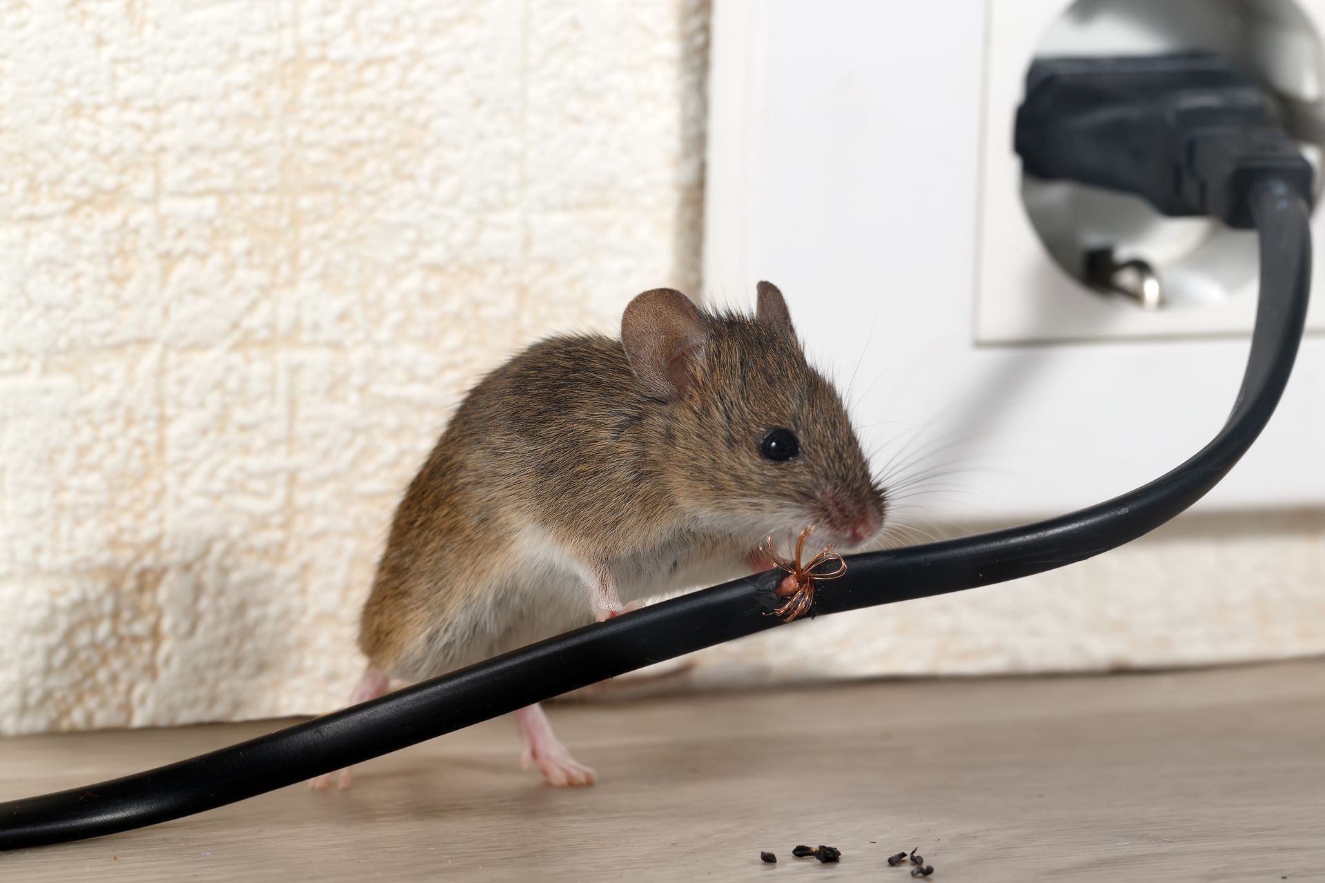 Small brown mouse nibbling a black cable beside a wall outlet