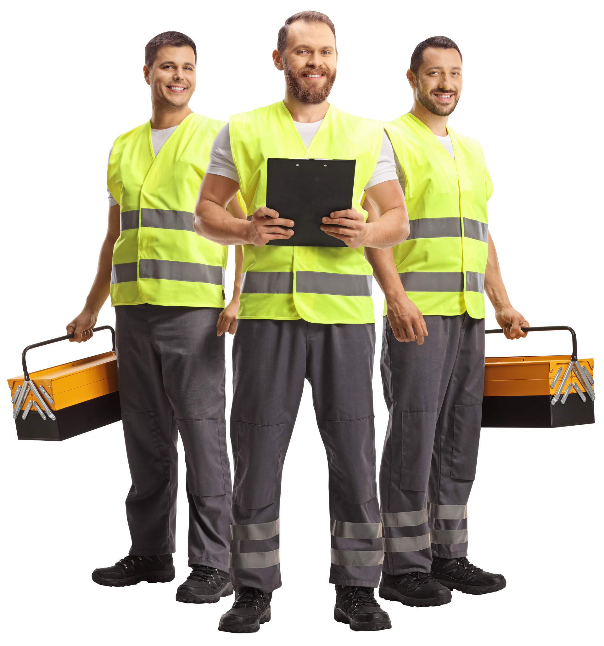 three smiling roadside assistance techs ready to get to work