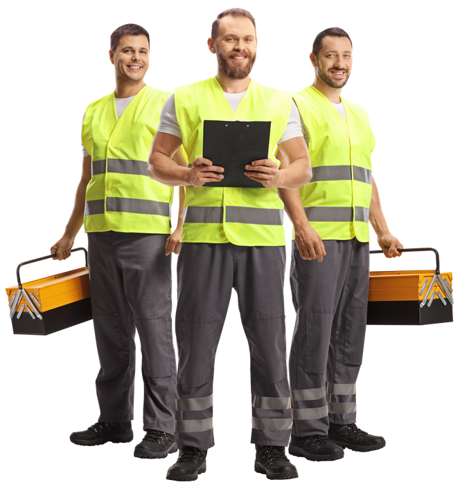 Three smiling roadside assistance proffesionals in high visibility vests ready to get to work