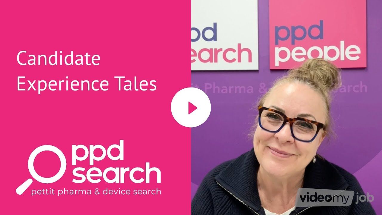 Woman in glasses smiles at camera, beside a video title with magenta background and company logos.