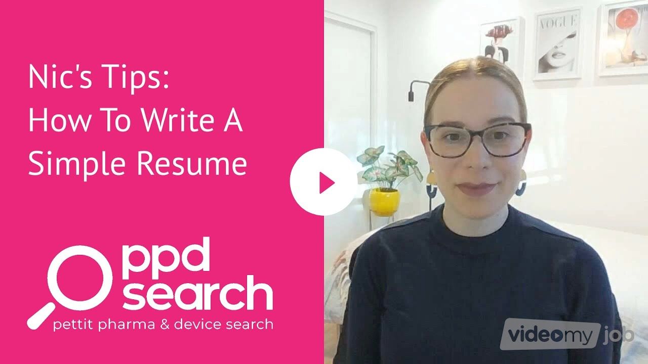 Woman in glasses discusses simple resumes in a video. Pink background with 