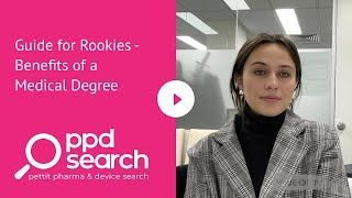 Woman in a blazer, giving a presentation about benefits of medical degree, with PPD Search logo on screen.