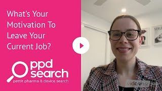 Woman in glasses and blazer asking about motivation to leave current job, pink background with PPD Search logo