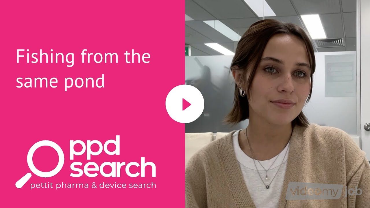 A young woman in a beige sweater smiles, with text 