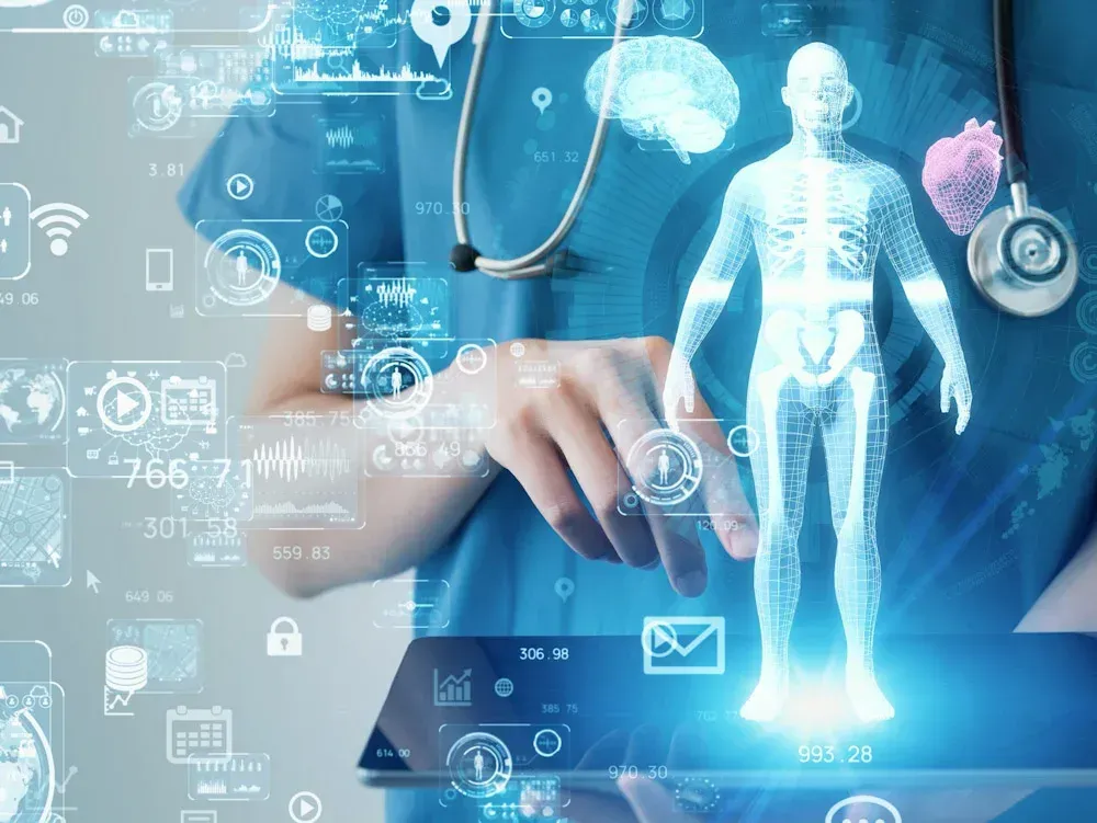 Medical professional using a tablet displaying a digital human body, surrounded by health data icons.