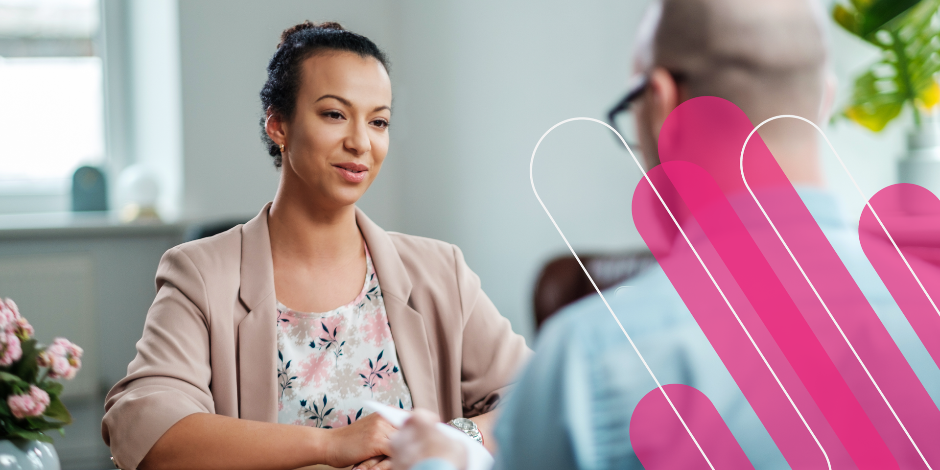 Two white square logos on a purple background.