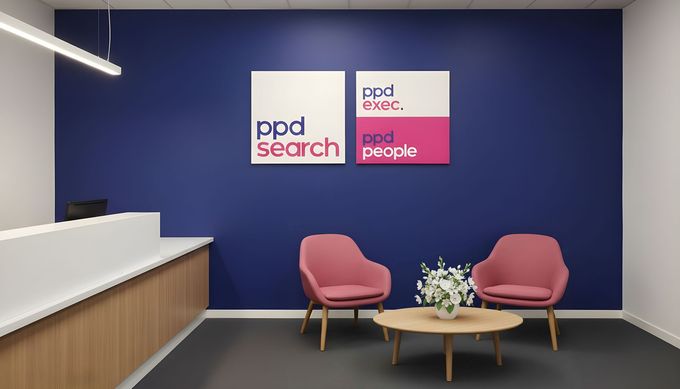 Logos for PPD Search and PPD People on a purple background. The text is white, pink and blue.