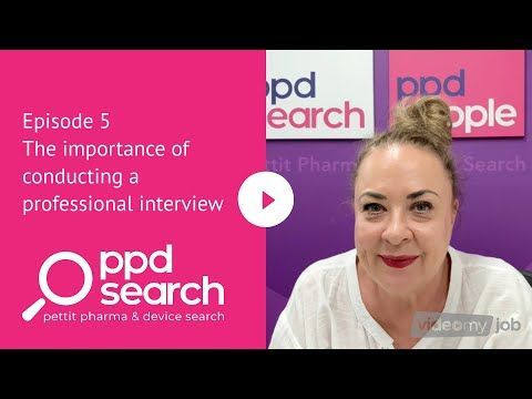 A woman in a white shirt discusses professional interviews in a video, with pink branding behind her.