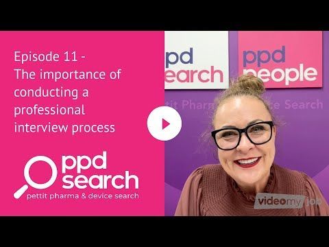 Woman in glasses smiling with pink & purple backdrop. Text: ‘The importance of conducting a professional interview process’.