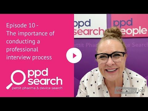 Woman in glasses discusses interview process. Pink background with logos: 