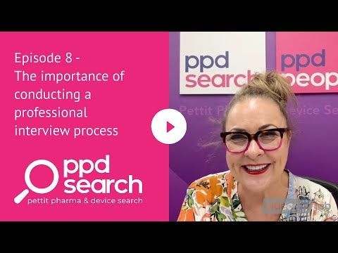 A woman in glasses smiling in front of PPD Search logos with text about Episode 8 on professional interview process