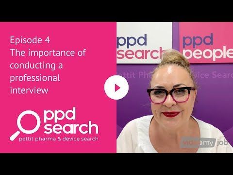 A woman in glasses discussing interviewing with PPD Search branding and text about Episode 4 on professional interviews
