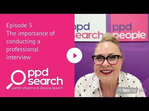 A woman in glasses smiles, with text overlay: Episode 3 - The importance of a professional interview. PPD search logo.