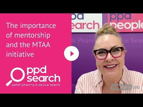 Woman in glasses discusses mentorship with PPD search logo and magenta background.