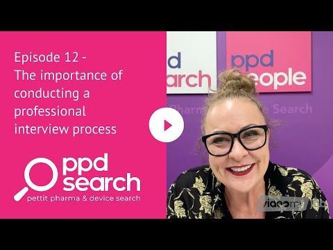 Woman in glasses with text overlay ‘Episode 12 – Importance of a professional interview process’ on pink and purple backgrou