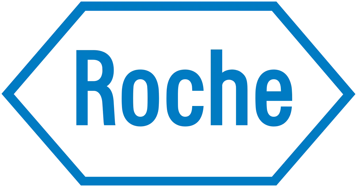 Roche logo: Blue text in a blue outline hexagon.