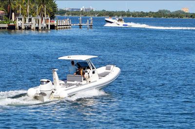 Pontoon motorboat on Biscayne Bay near Miami Beach,Florida