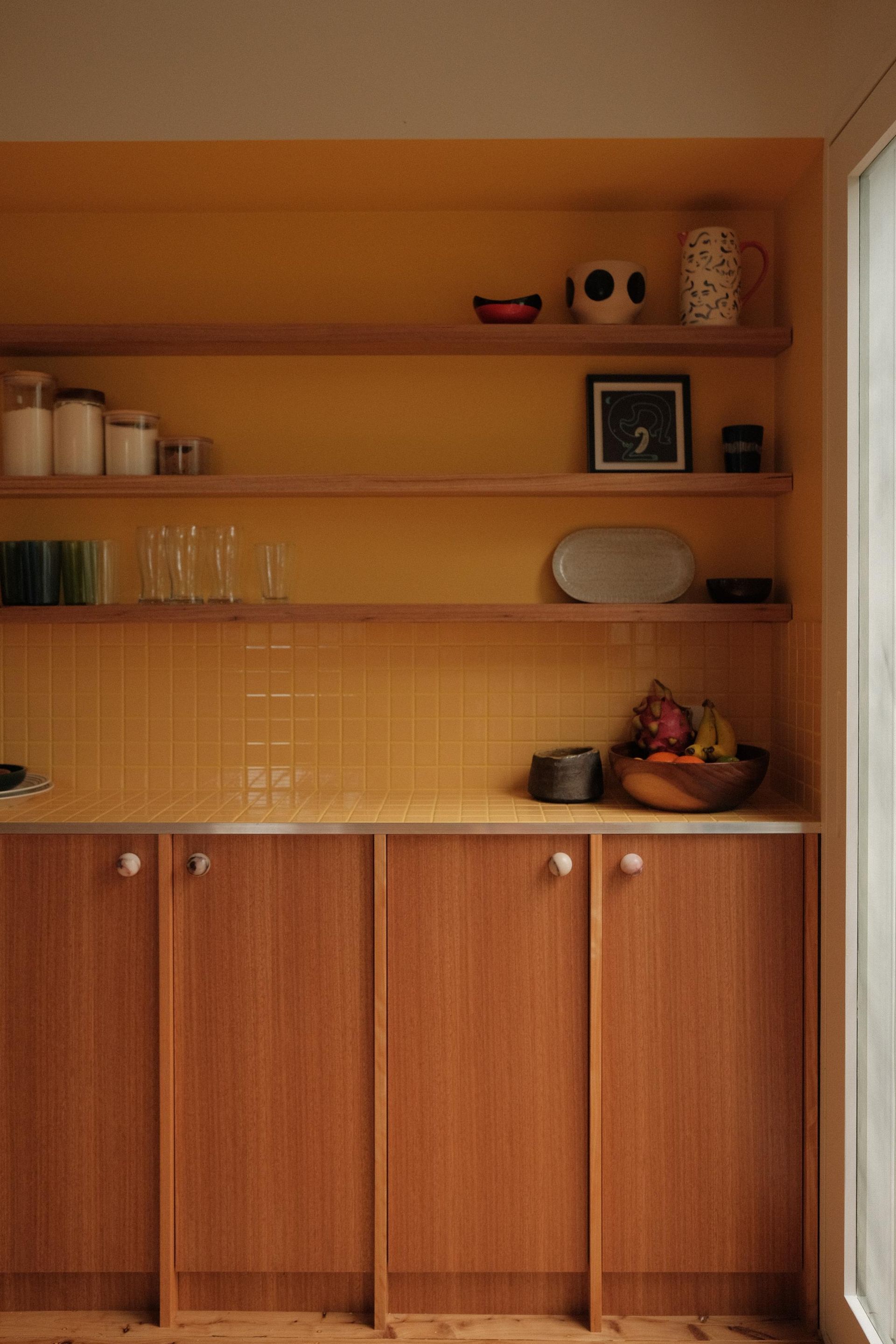Yellow-Walled Kitchen With Wood Cabinets — Envisage Construction and Design in Meadowbank, NSW