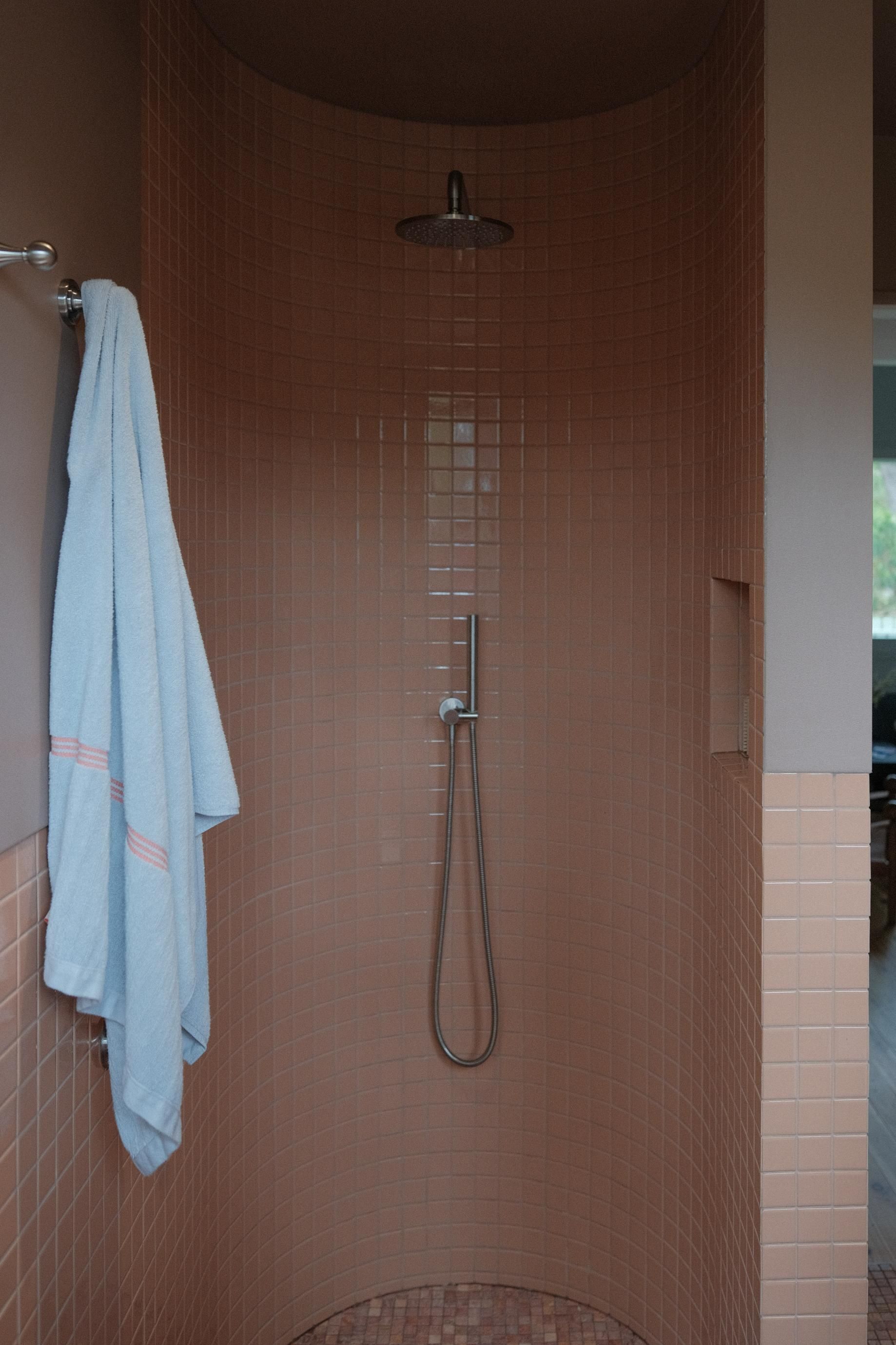 Shower Stall With Brown Curved Tile — Envisage Construction and Design in Meadowbank, NSW