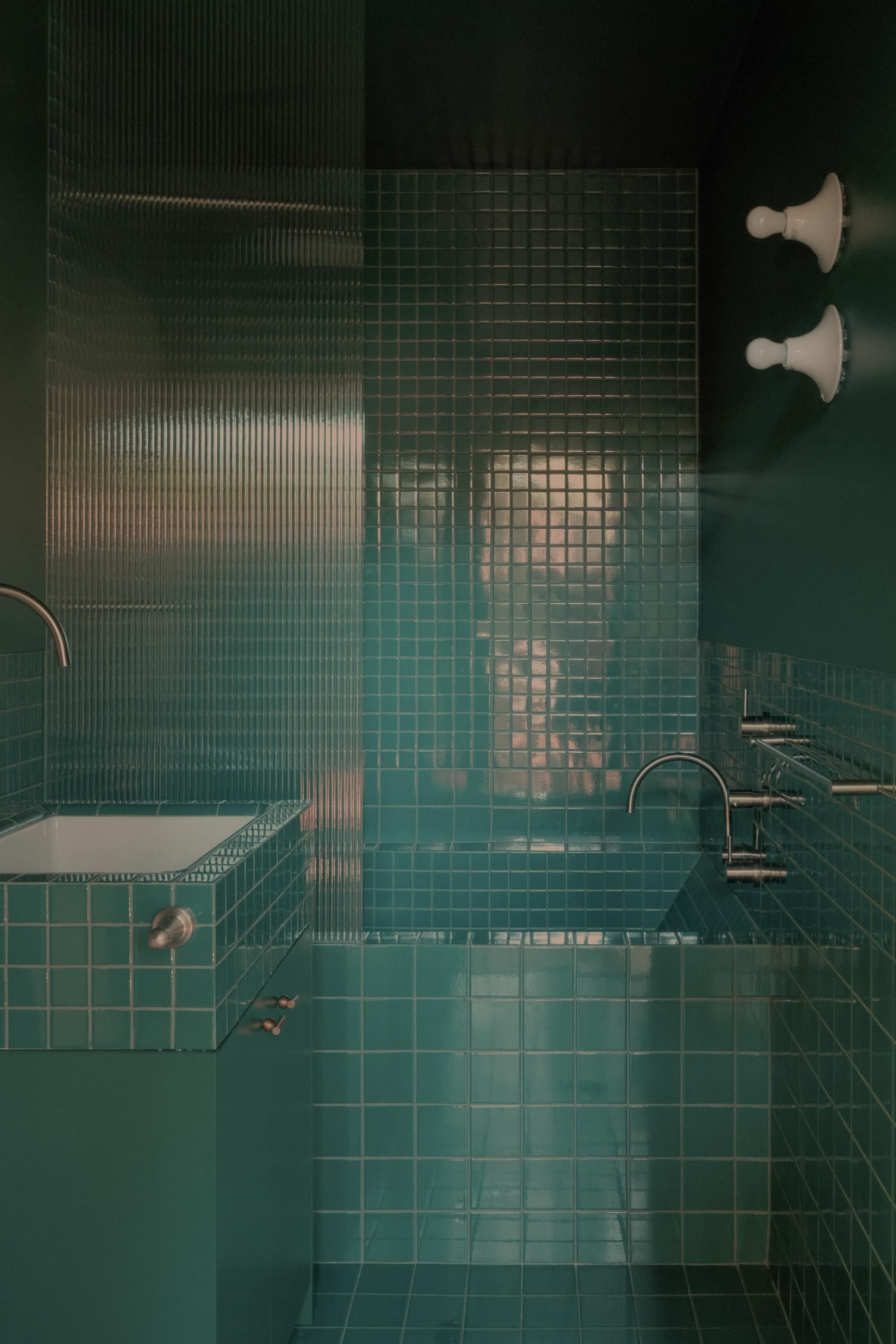 Green Tiled Bathroom With Glass and Mirrors — Envisage Construction and Design in Meadowbank, NSW