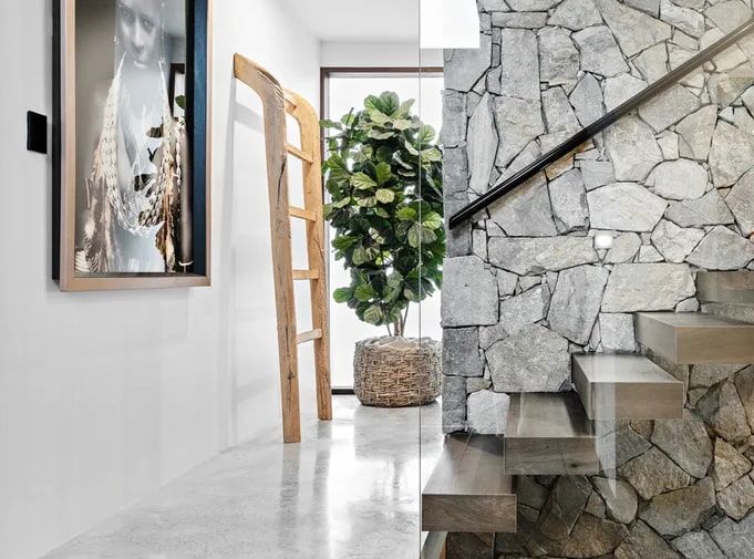 Stone Staircase, Fiddle-leaf Fig in Woven Pot — Envisage Construction and Design in Woonona, NSW