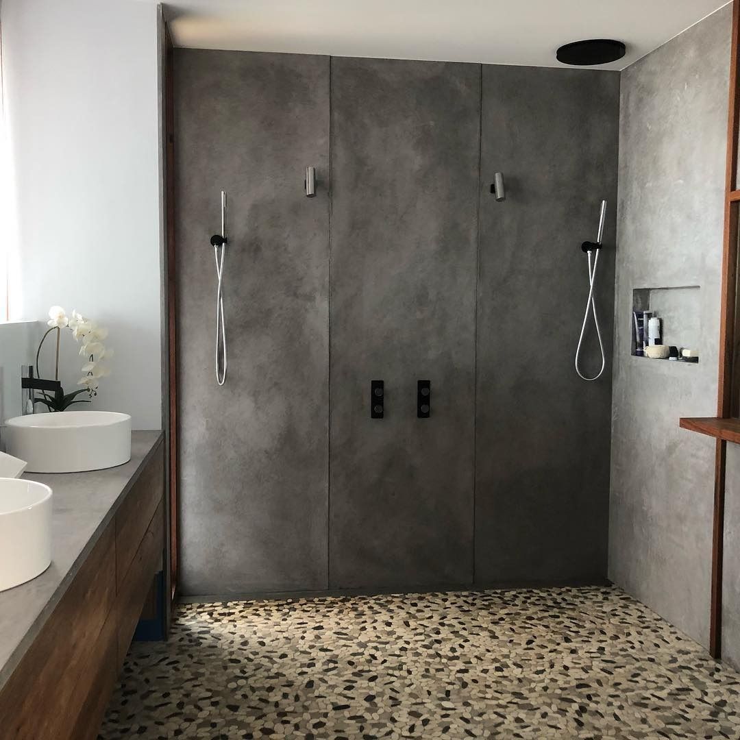 Modern Bathroom With Grey Concrete Shower and Pebble Floor — Envisage Construction and Design in Mountain, NSW