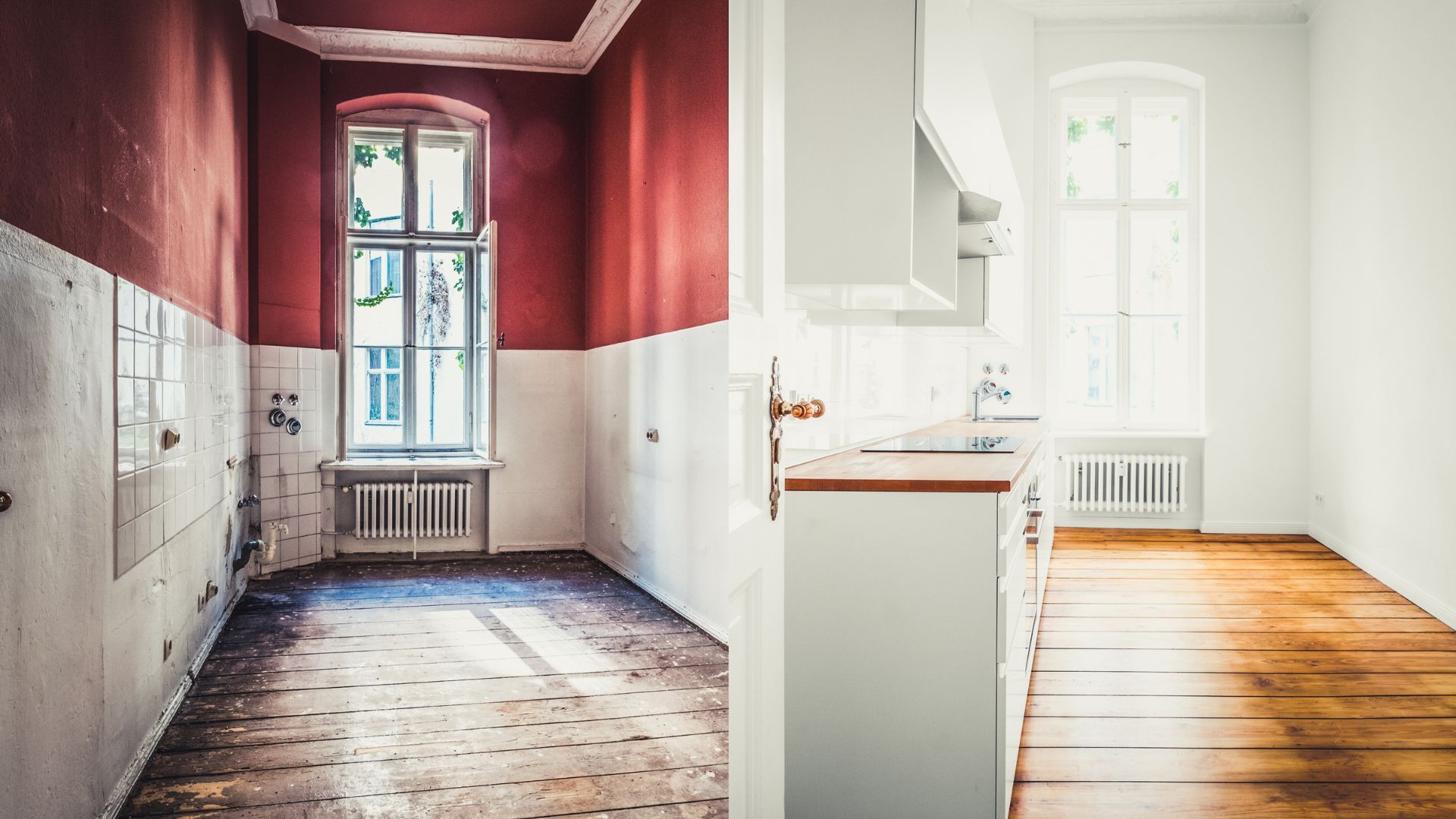 A before and after photo of an empty room and a kitchen.