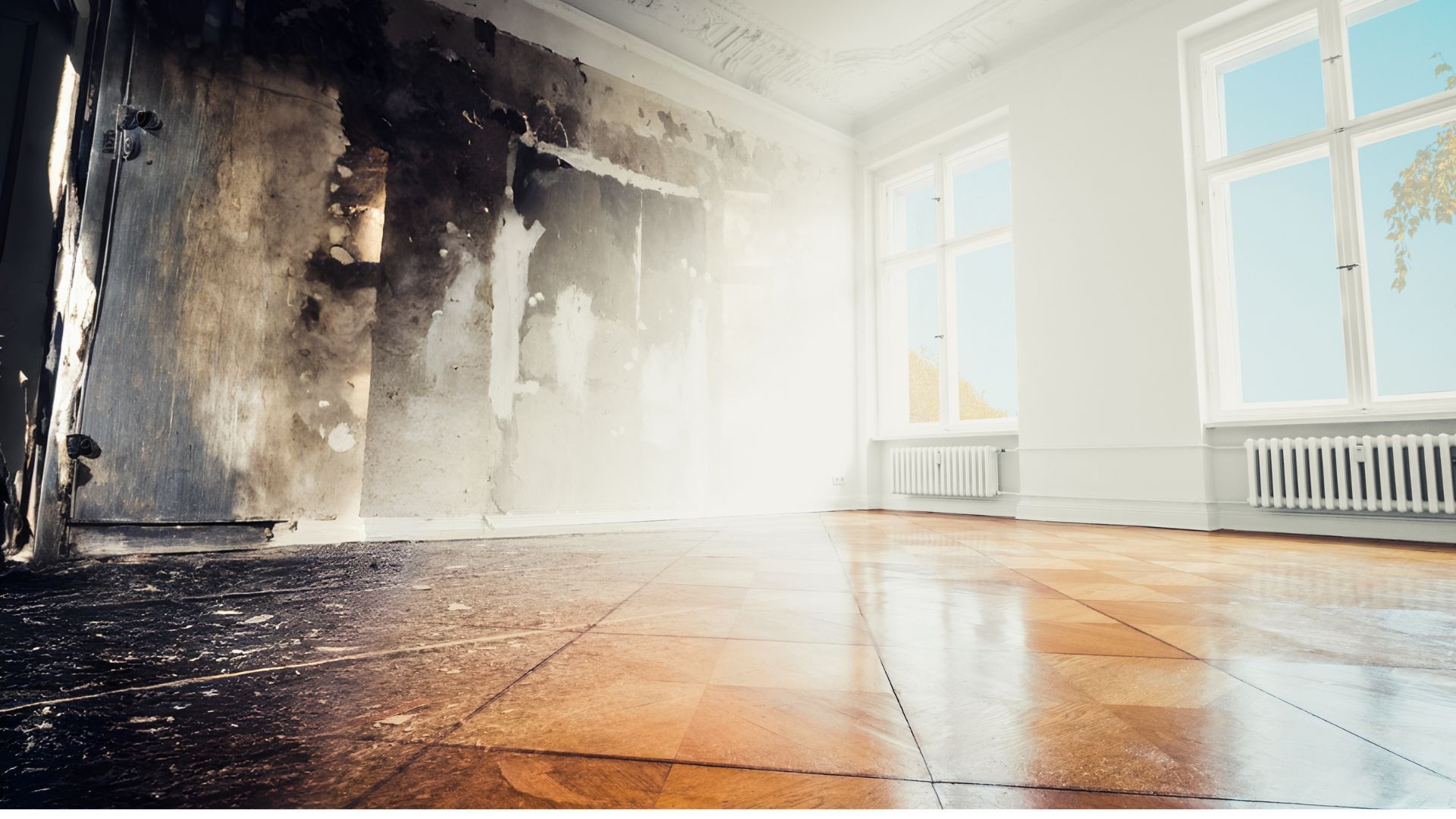 An empty room with a wooden floor and a dirty wall.