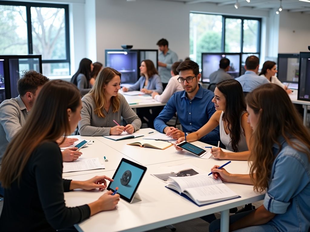 A wooden table with papers and a pencil case on it.