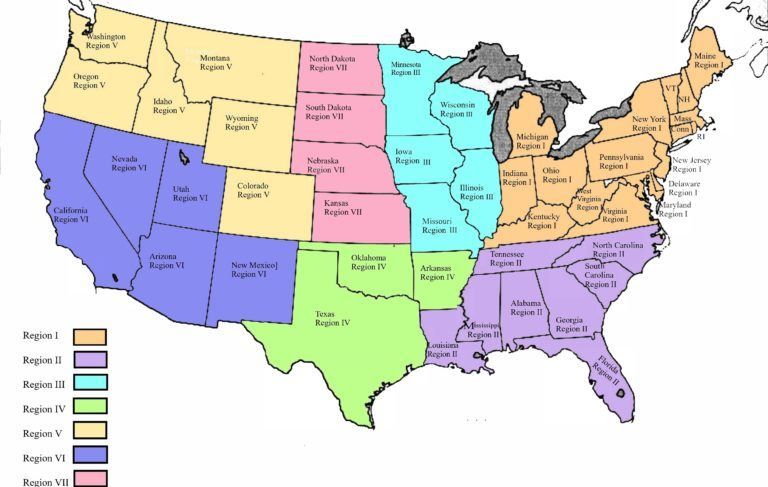 Map of the United States, divided into regions by color, showing state boundaries.