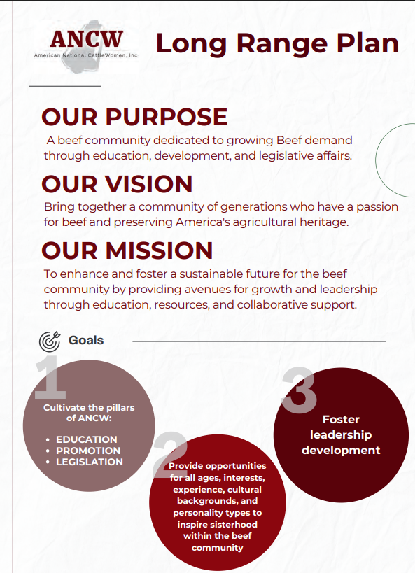 Long Range Plan for ANCW with mission, vision, goals and three pillars for the beef community.
