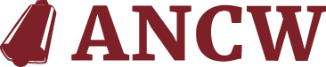 Logo with bell and text: ANCW in burgundy.