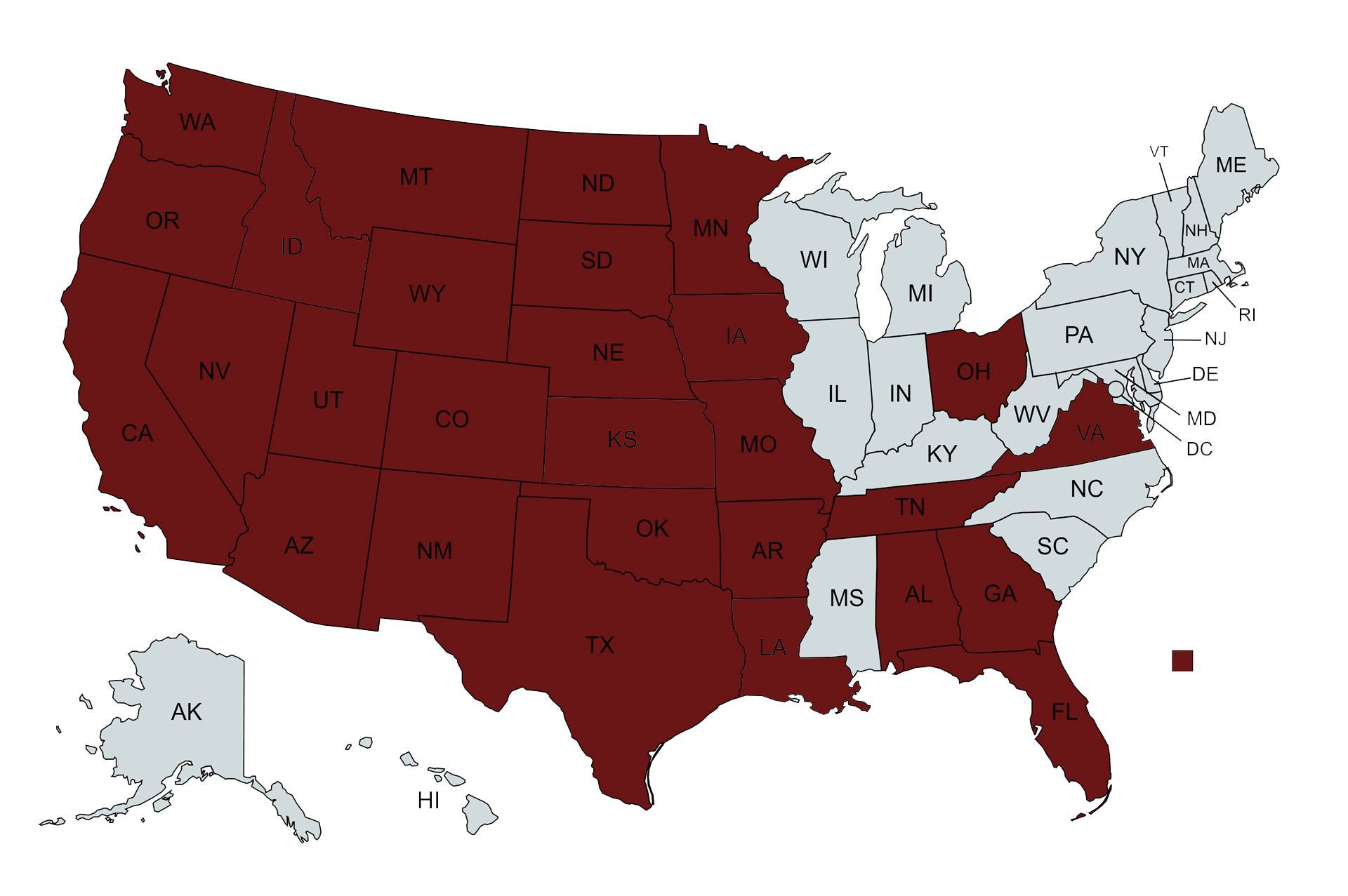 Map of the United States with some states colored maroon, others grey.