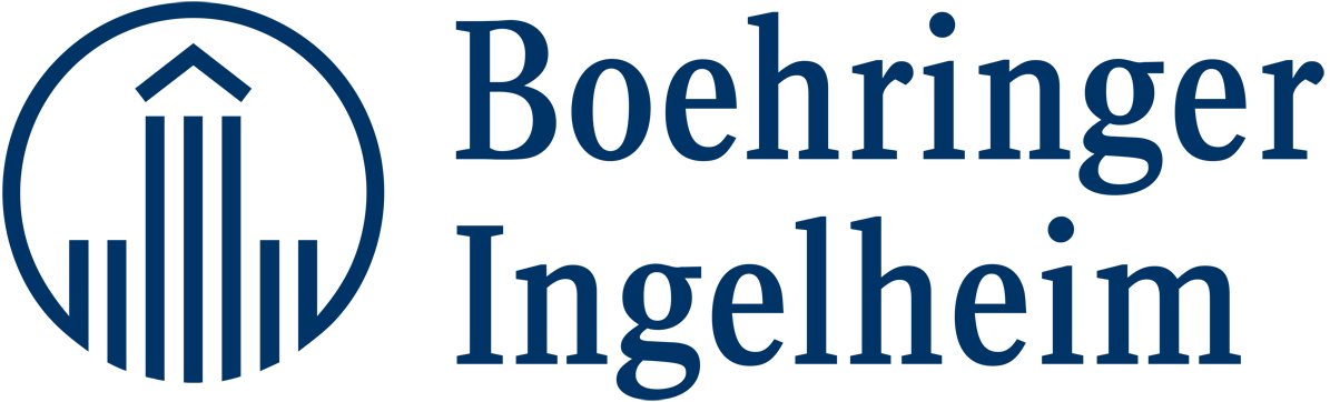Boehringer Ingelheim logo: blue circle with stylized building design, text to the right.
