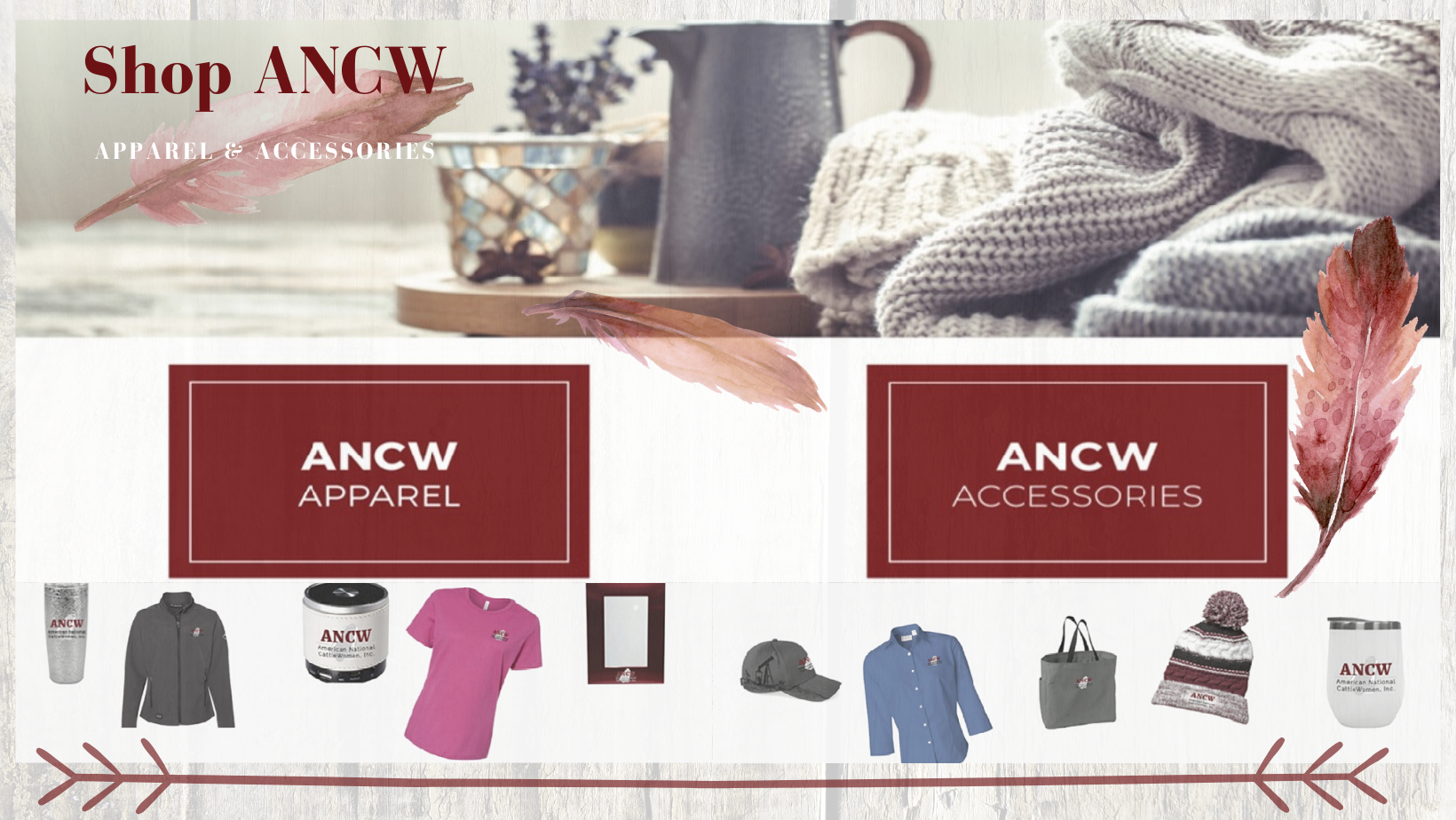 Shop ANCW apparel and accessories; fall-themed display with clothing and accessories.