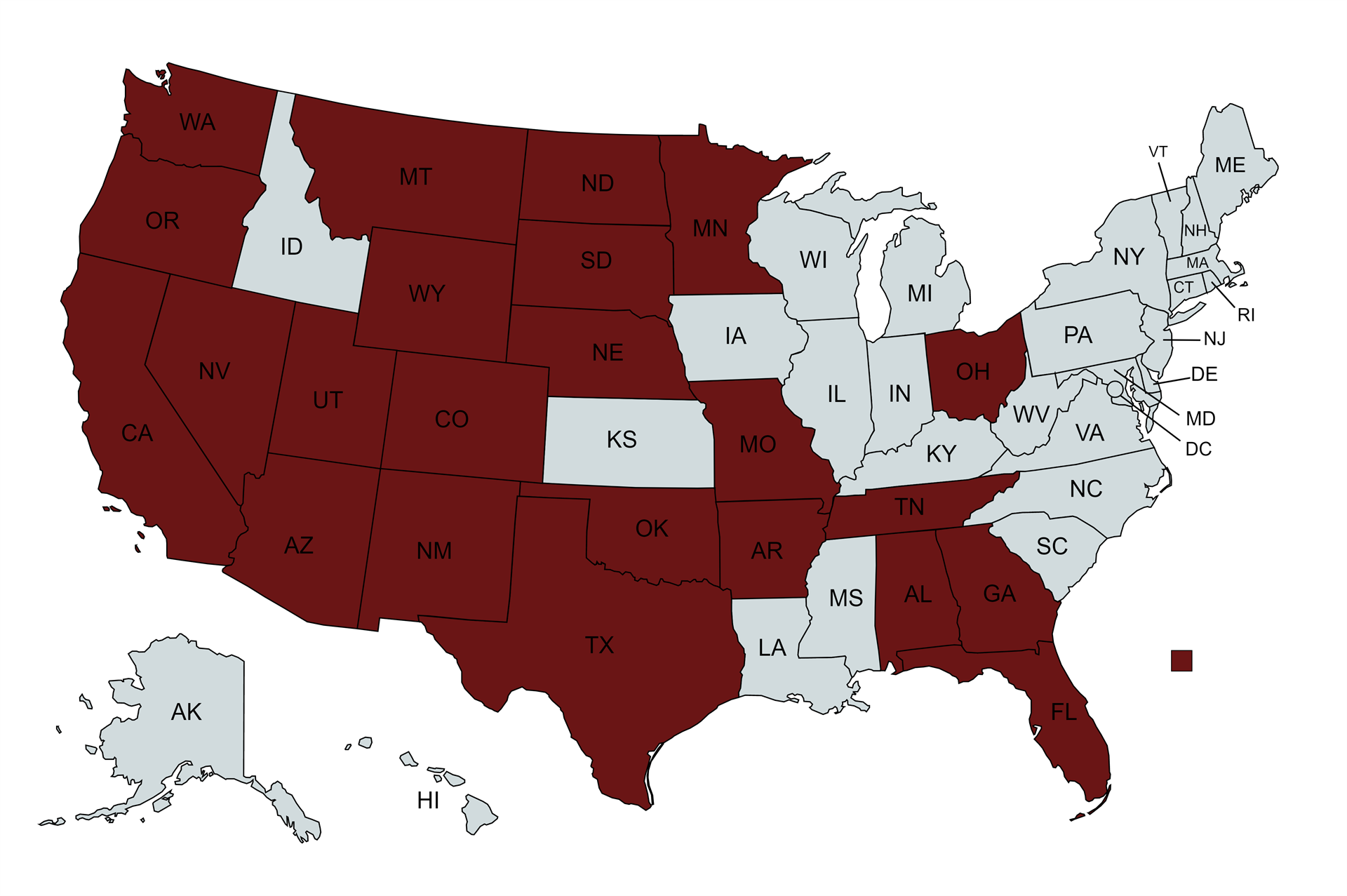 Map of the United States with some states colored maroon, others grey.