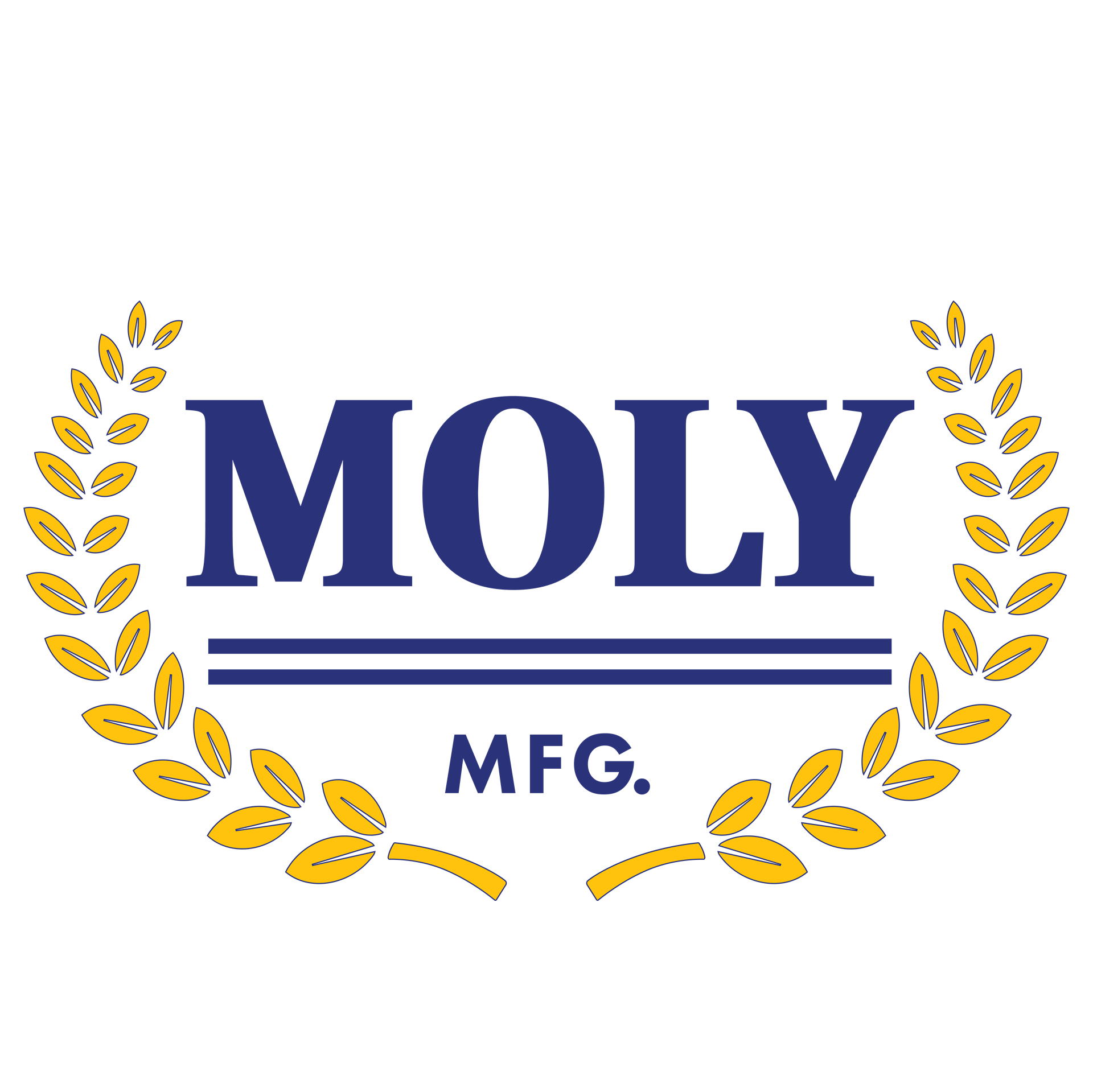 MOLY MFG. logo: navy blue text above a horizontal line, flanked by a gold laurel wreath.