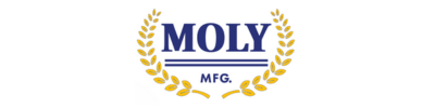 Logo for MOLY MFG, featuring gold laurel wreath around blue text.