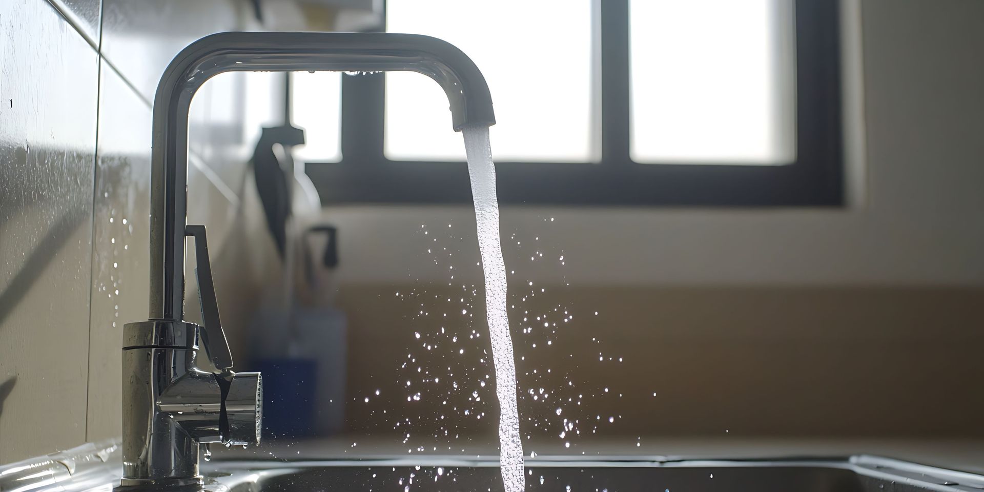 A chrome faucet pours water into a stainless steel sink. The faucet is in a kitchen setting.