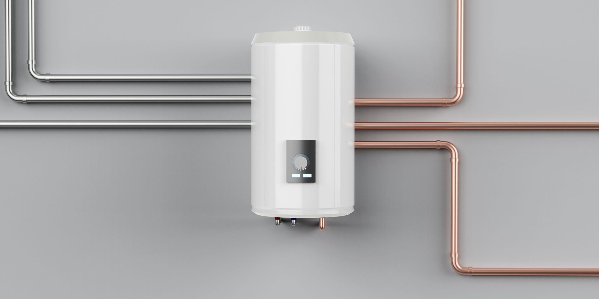 White water heater mounted on a gray wall with copper and steel pipes.