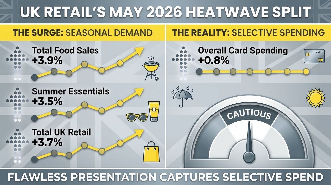Infographic showing the contrast in UK retail in May 2026: high growth in food (+3.9%) and summer goods (+3.5%) driven by the heatwave, against low overall card spending (+0.8%), indicating cautious consumer confidence.