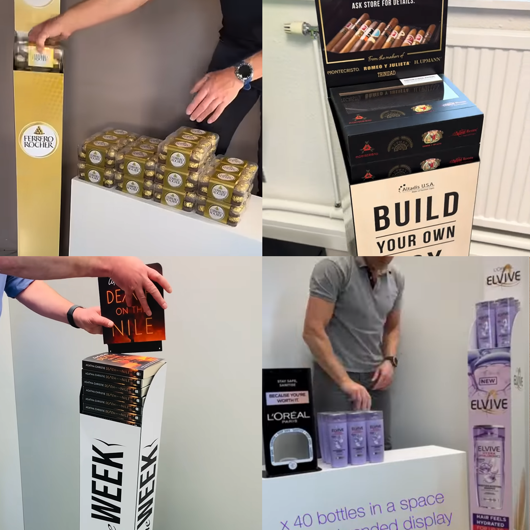 A diverse range of products, including drinks, snacks, and toiletries, displayed within sleek Vertic