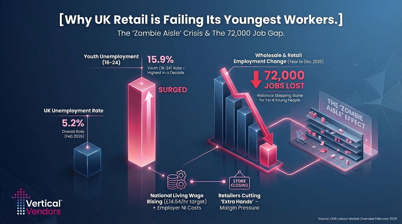 A professional, split-screen photo. On the left, a messy, half-empty retail shelf with cardboard displays. On the right, a pristine, organized shelf using Vertical Vendors' sleek metal spring-loaded units in a modern UK supermarket.