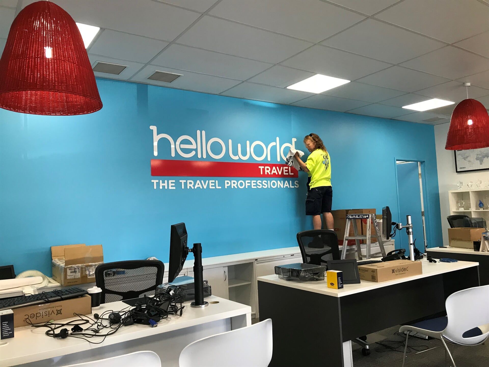 A Woman is Standing on a Ladder in Front of a Wall — Bluey's Signs in Ciccone, NT
