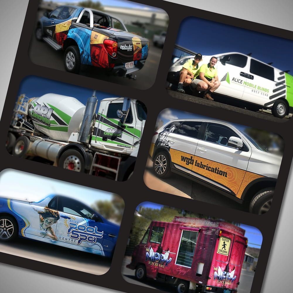 A Collage of Pictures of Various Vehicles Including a Truck That Says 'wg'  on It — Bluey's Signs in Ciccone, NT
