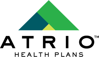 The atrio health plans logo has a green triangle on it