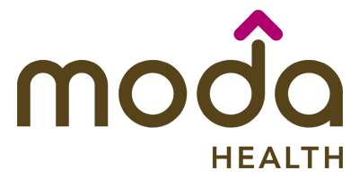 A brown and pink logo for moda health