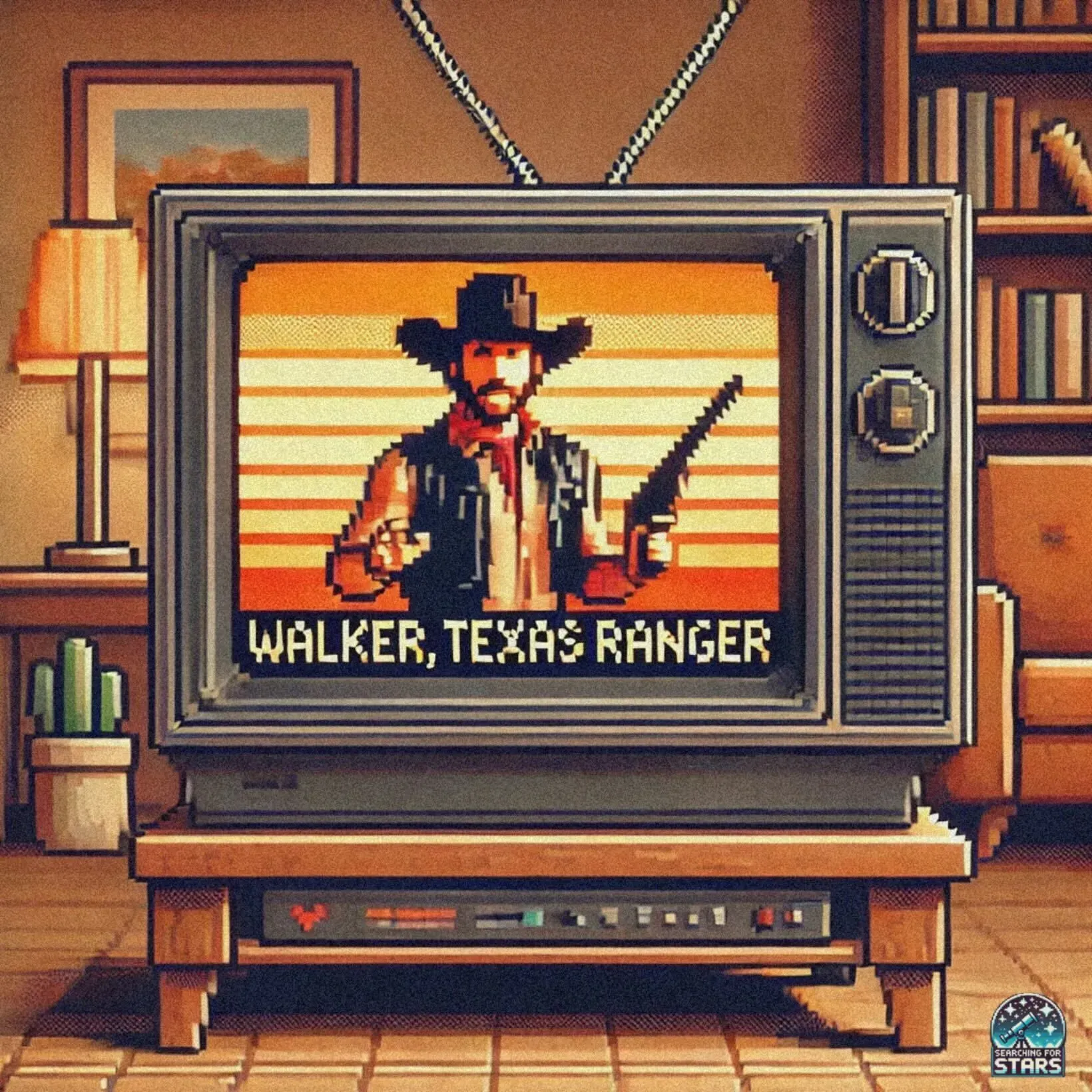 Pixel art tribute inspired by Chuck Norris and Walker, Texas Ranger, representing childhood memories, karate lessons, and gratitude for the strength and inspiration found in the Searching for Stars Cosmic Post Office.