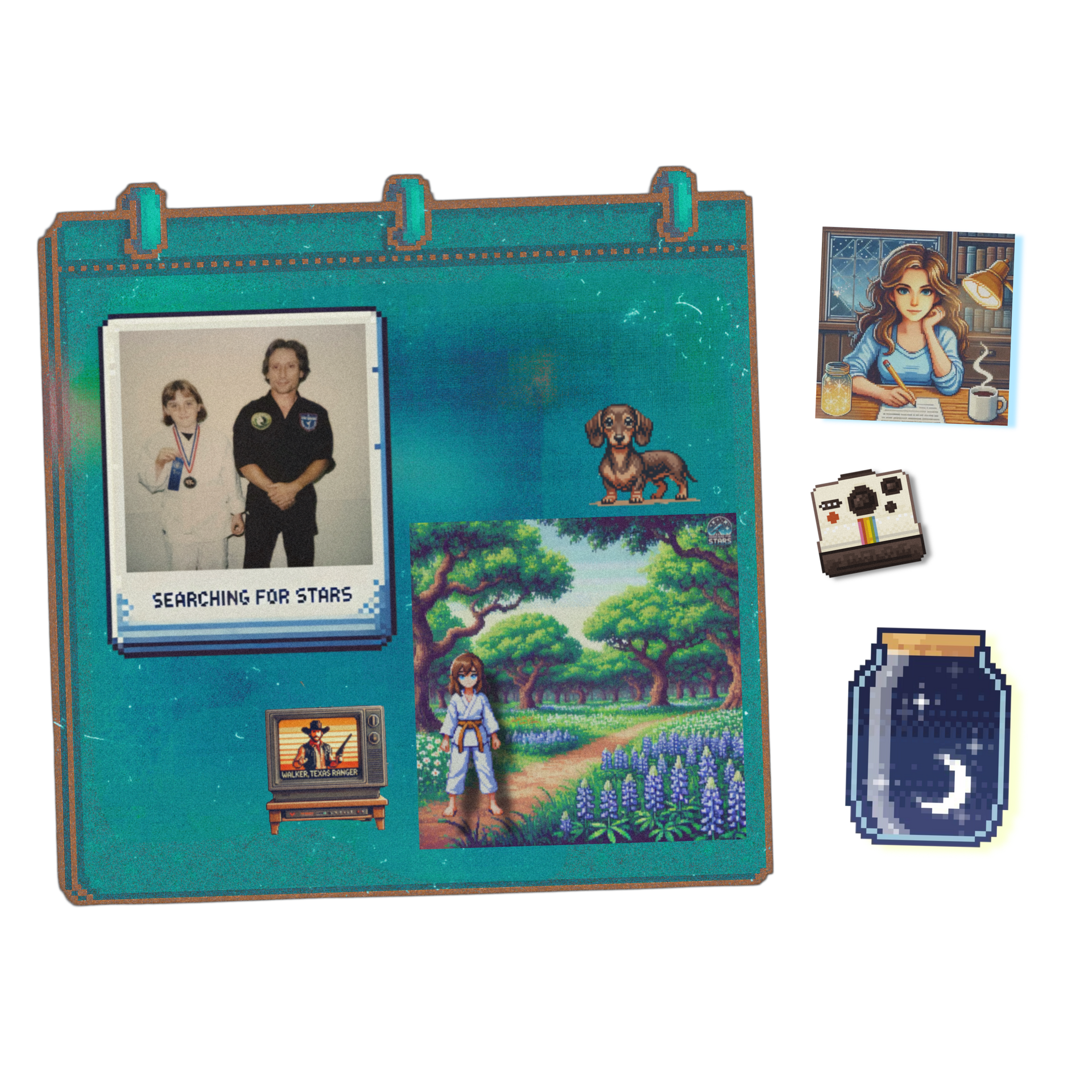 Scrapbook-style pixel art image collage featuring a childhood Polaroid, a karate-themed pixel illustration, and nostalgic elements including a TV featuring Walker Texas Ranger and a dachshund. A Searching for Stars mixed media memoir scrapbook experience connected to 